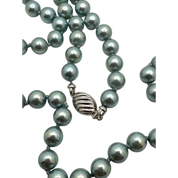 Vintage Inspired Blue Pearl Necklace Simulated Silver-Tone Clasp 6.3mm Beads - Picture 3 of 7